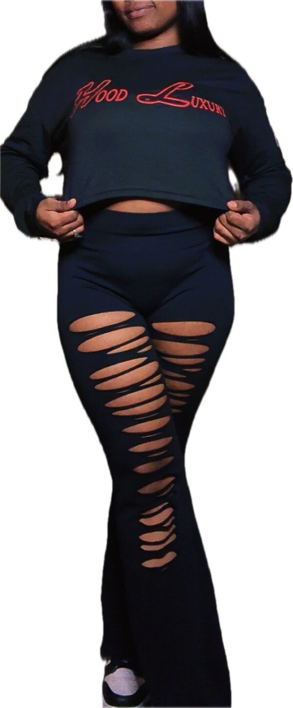 Womens Cropped Sweatshirt W/ Distressed Yoga Pants - Image 4